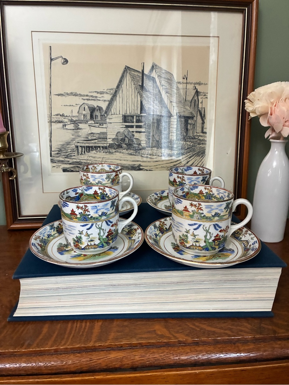 Burgess Ware Pagoda Teacups & Saucers Set of 4